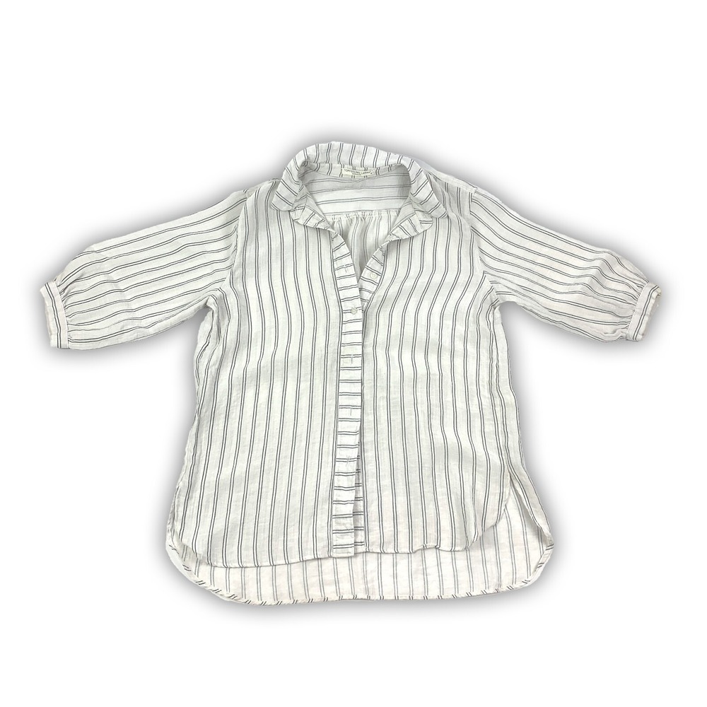 TOPFEELING Ladies Sz‎ M White Blue Stripes Casual Button Down 3/4 Sleeve Casual